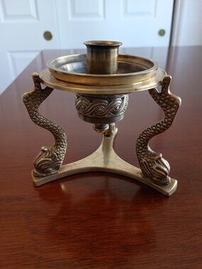 Vintage Brass 3 Leg Sculpted Asian Serpent Koi Fish Bowl, Orb or Candle Holder